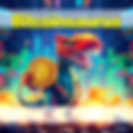 A digital illustration of a dinosaur holding a Bitcoin, representing Bitcoinsaurus's upcoming launch in Upril with vibrant colors and a tech-inspired background.