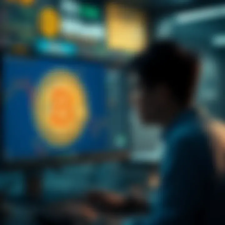 A visual showing a worried user looking at a computer screen displaying the Bithumb logo and a large Bitcoin symbol, highlighting the chaos following the accidental distribution of Bitcoin.