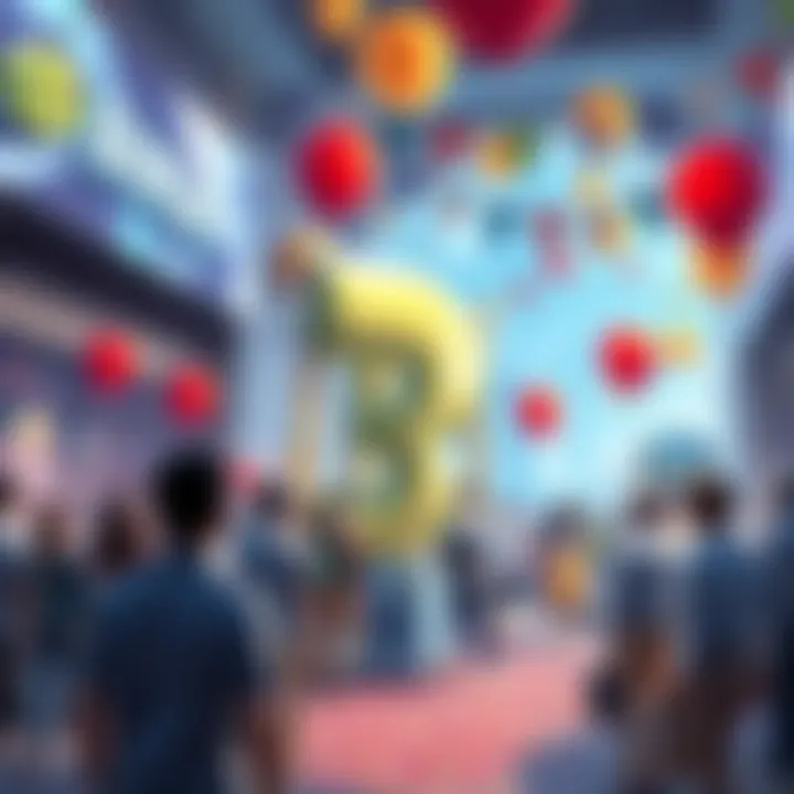 A festive scene showing people celebrating BitMart's 8th anniversary with banners and balloons in a crypto-themed environment.