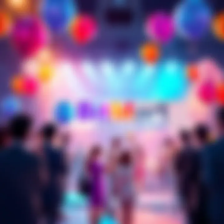 A festive scene with people celebrating BitMart's 8th anniversary, balloons, and a banner displaying 'Cheers to Success'.