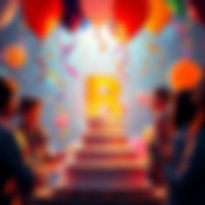 A festive scene with people celebrating Bitmart's 8th anniversary, featuring balloons and a cake with the Bitmart logo.
