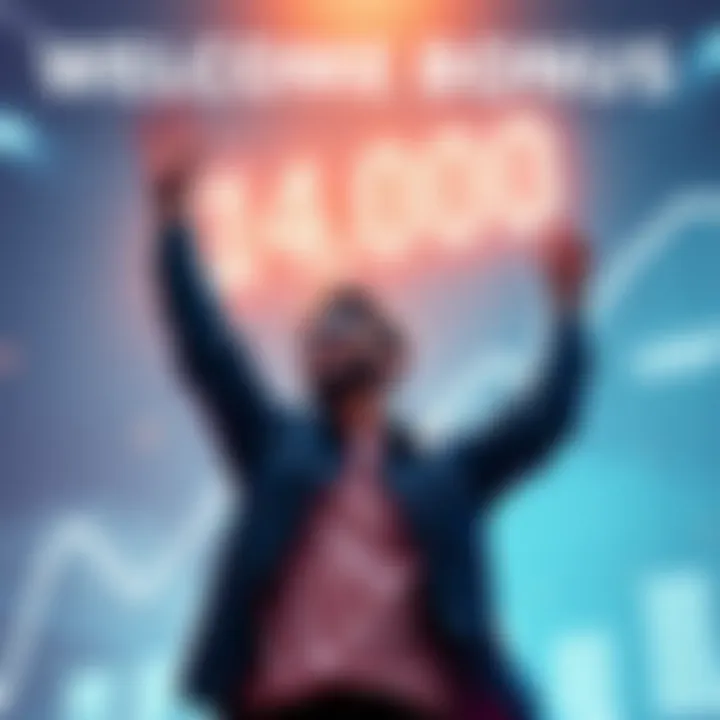 A person celebrating with a large digital representation of 14,000 USDT and a chart showing rising profits.