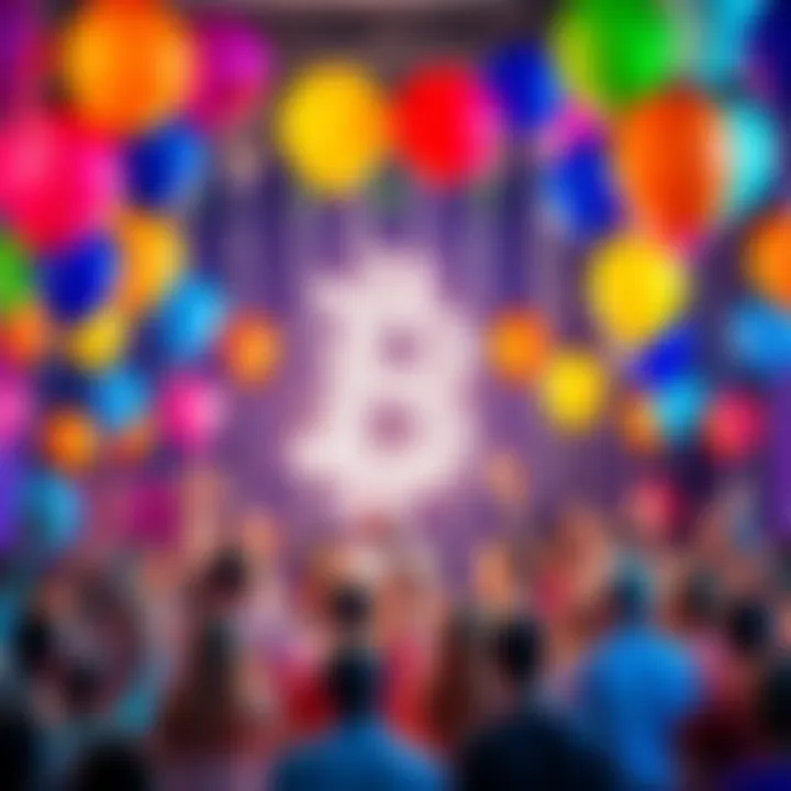 A vibrant celebration with colorful memes and balloons for Bitmart's 8th anniversary, showcasing community spirit and hope.
