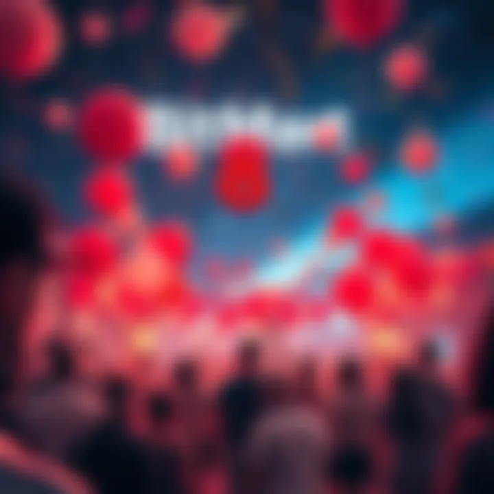 A festive scene showing people celebrating BitMart's 8th anniversary with balloons and banners in a lively atmosphere.