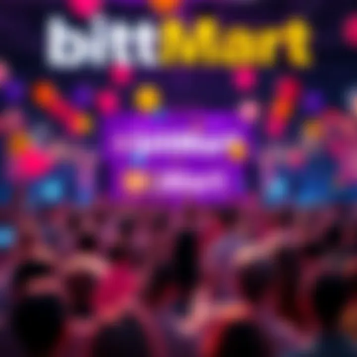 A vibrant scene of people celebrating at BitMart's 8th anniversary event, with balloons and banners in the background.