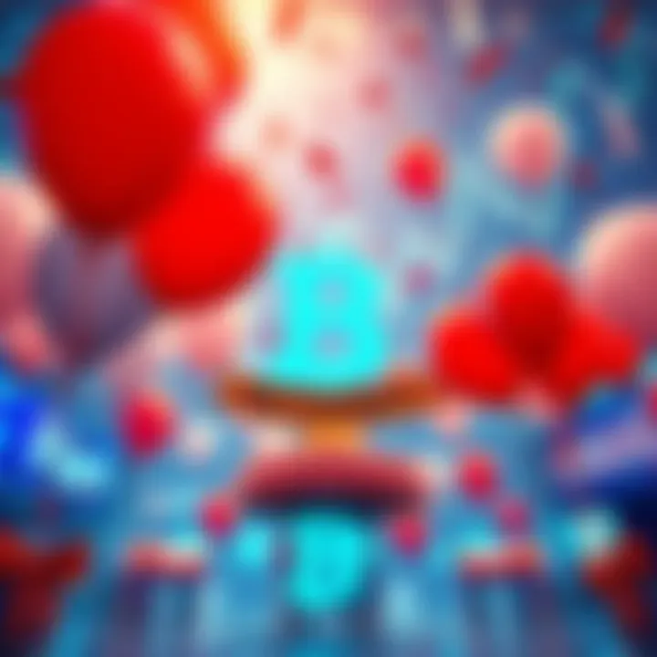 BitMart 8th Anniversary Celebration A festive scene with balloons and banners celebrating BitMart's 8th anniversary amidst a backdrop of fluctuating crypto graphs.