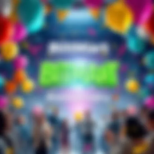 A festive scene with balloons and banners celebrating BitMart's 8th anniversary, featuring happy people and confetti.