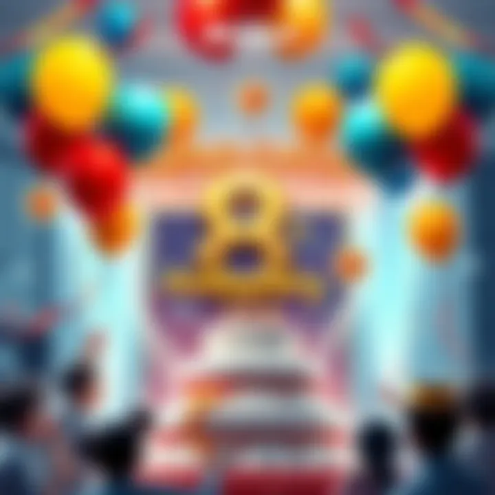 A festive scene with balloons, streamers, and a large cake celebrating Bitmart's 8th anniversary, surrounded by happy people participating in activities.