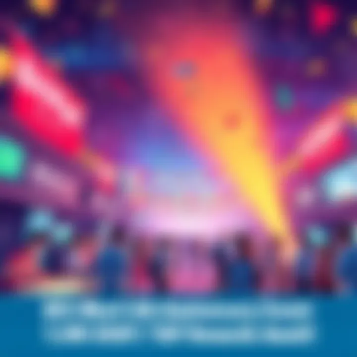 BitMart 8th Anniversary Celebration A festive scene showcasing BitMart's 8th anniversary celebration with banners, confetti, and people engaging in games and competitions.