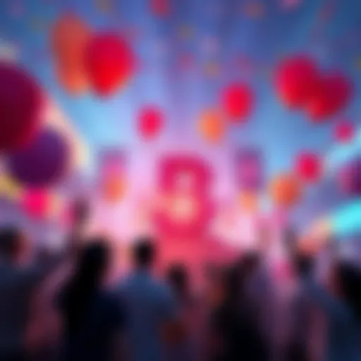 A festive scene showing people celebrating with balloons and banners for BitMart's 8th anniversary.