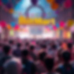 A lively crowd celebrating BitMart's 8th anniversary with balloons and banners, creating a festive atmosphere.