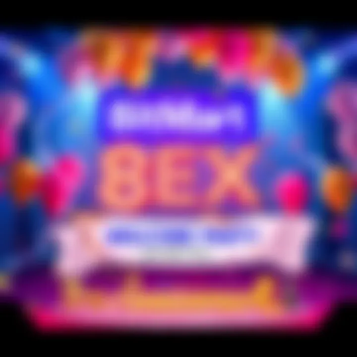 Celebration scene for BitMart's 8th Anniversary with balloons, confetti, and a digital banner announcing the NEX Welcome Party with a prize pool.