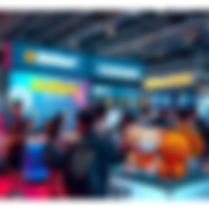 A lively BitMart booth at TOKEN2049 in Singapore, featuring promotional items and cheerful visitors, including a Bitto plush toy and headphones.
