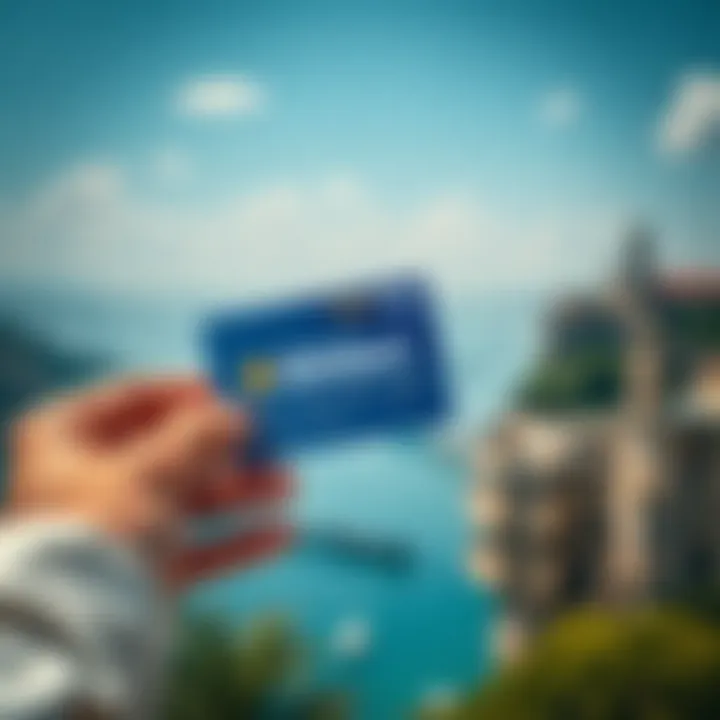 A traveler holds a BitMart card while exploring a beautiful destination with landmarks in the background.