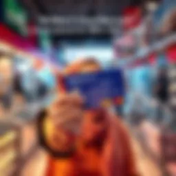 BitMart Card User Sharing Experience A person holding a BitMart Card, excitedly sharing their shopping or travel experience, surrounded by photos and videos illustrating their stories.