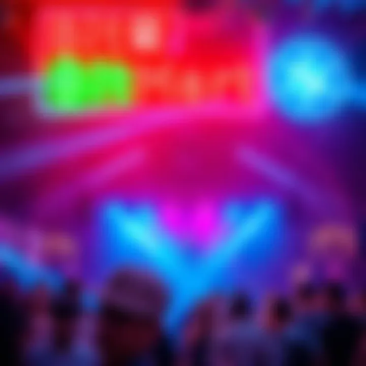 A lively scene from BitMart's Electric Euphoria party in Hong Kong featuring bright neon lights and an energetic crowd enjoying music and festivities.