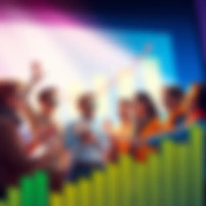 A group of enthusiastic Bitmartians discussing a new investment idea, with charts and graphs in the background representing financial growth.