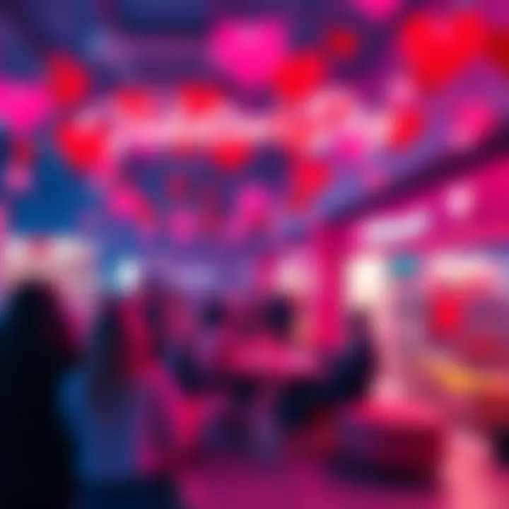 People enjoying Valentine's Day events with decorations and heart-themed promotions at BitMart.