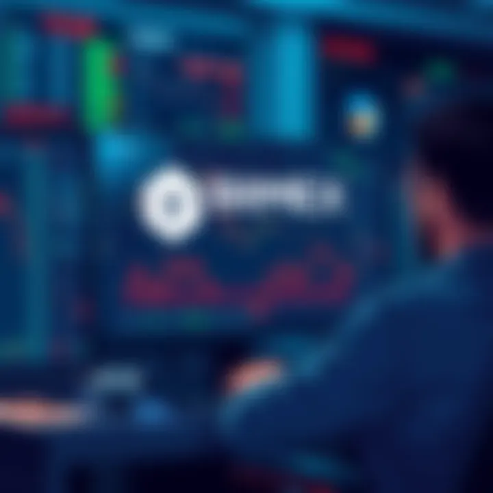 An illustration showing a trader analyzing data on a computer with a BitMEX logo on the screen, surrounded by cryptocurrency graphics.