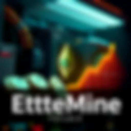 A digital representation of BitMine acquiring Ethereum, showing a mining rig with Ethereum coins and a target chart indicating growth towards 5% control.