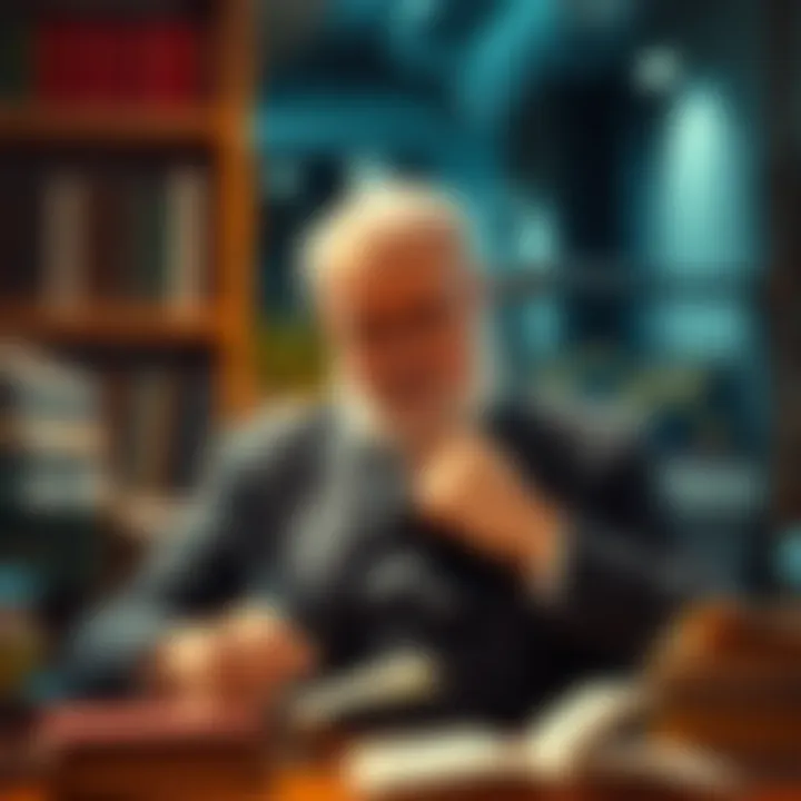 A modern day thinker with a thoughtful expression, surrounded by books and ideas, suggesting innovative concepts.