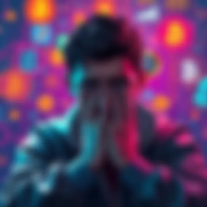 Overcoming Withdrawal Challenges on Bitstamp A user frustrated with cryptocurrency withdrawal issues on Bitstamp, surrounded by digital currency symbols and tech elements.