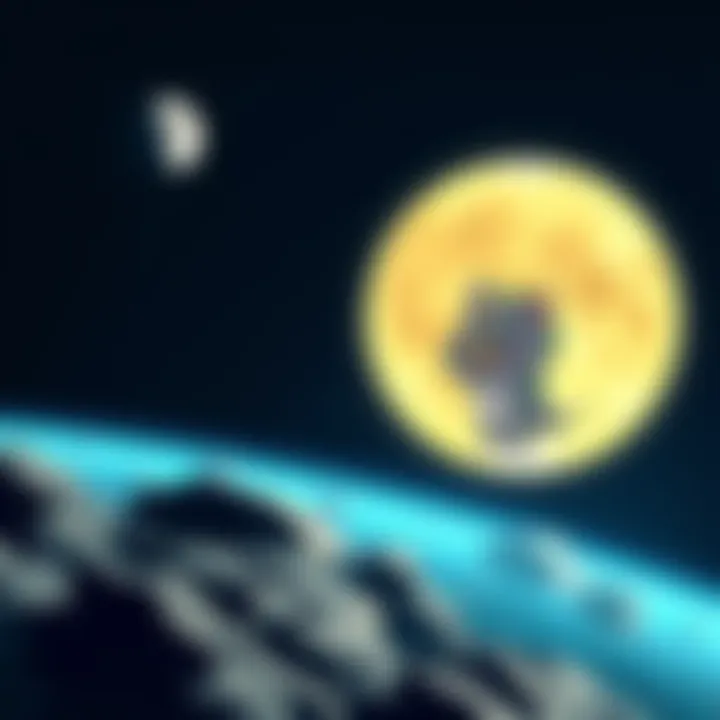 Bitto Sends Message from the Moon A cartoon character named Bitto waves from the moon, with Earth visible in the background, sending a cheerful message to Artemis II.