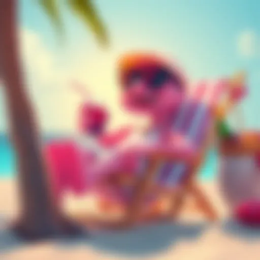 Bitto relaxing on a beach chair with sunglasses and a drink, representing a vacation celebration for BitMart's 8th anniversary