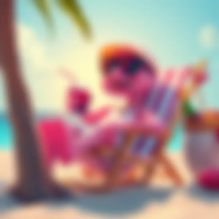 Bitto relaxing on a beach chair with sunglasses and a drink, representing a vacation celebration for BitMart's 8th anniversary