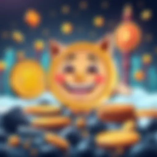 Cheerful cartoon character Bitty, representing Bitcoin, with a golden coin design and a big smile, surrounded by elements of the cryptocurrency world.