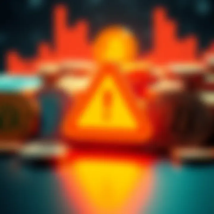A digital representation of cryptocurrency icons with a warning sign, symbolizing the urgency for robust crypto measures if the proposed bill fails.