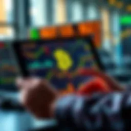 A person analyzing financial charts and cryptocurrency trends on a tablet, considering the risks and benefits of holding BITX (2x Bitcoin ETF) until 2029.