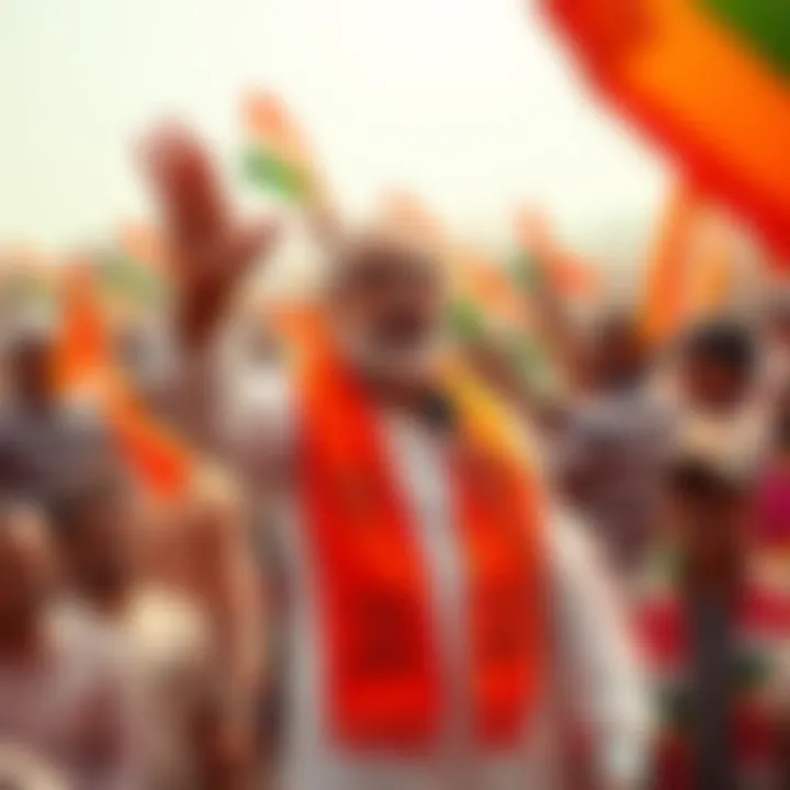 A BJP leader addresses a crowd at a political rally, with supporters waving flags in the background, highlighting the party's strong presence.