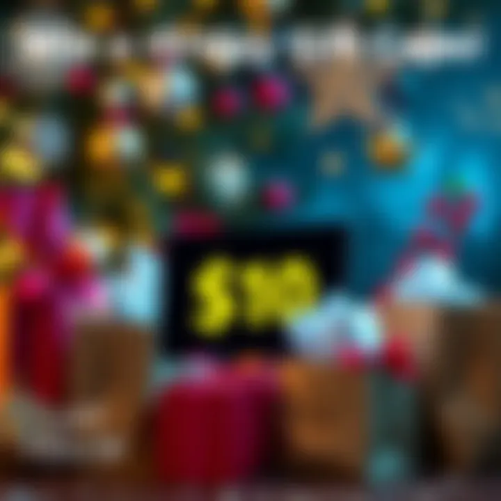 A festive scene showing a $10 gift card surrounded by holiday decorations and shopping bags, inviting people to share their best under $10 purchases.