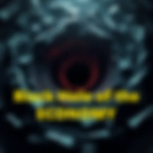 A visual representation of economic decline with a swirling dark vortex symbolizing the Land Trap, surrounded by financial symbols like money and graphs.