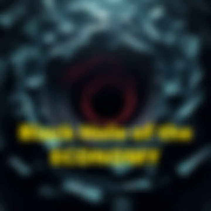 A visual representation of economic decline with a swirling dark vortex symbolizing the Land Trap, surrounded by financial symbols like money and graphs.