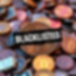 Visual representation of Bitcoin coins with a blacklisted stamp and mixed coins in the background