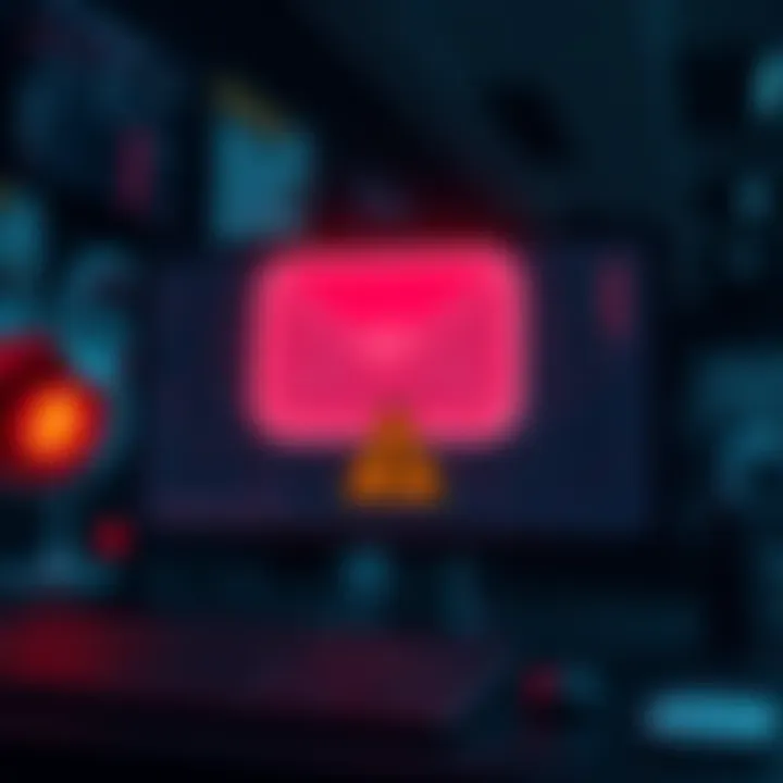 Graphic showing a threatening email demanding Bitcoin, with an illustration of a computer and a warning sign.
