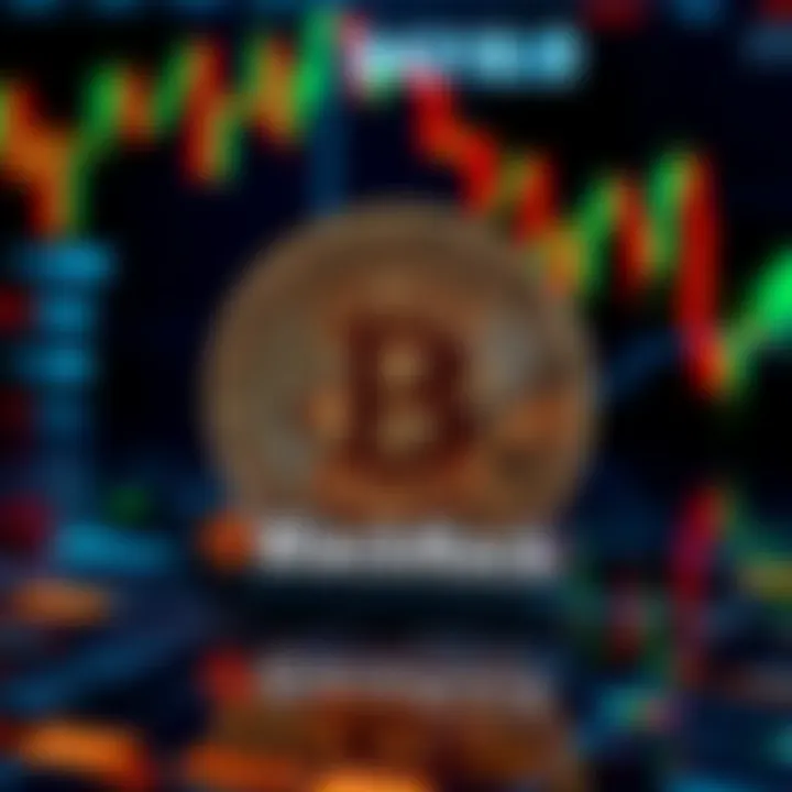 A Bitcoin symbol with a backdrop of financial charts and BlackRock logo representing the investment in cryptocurrency.
