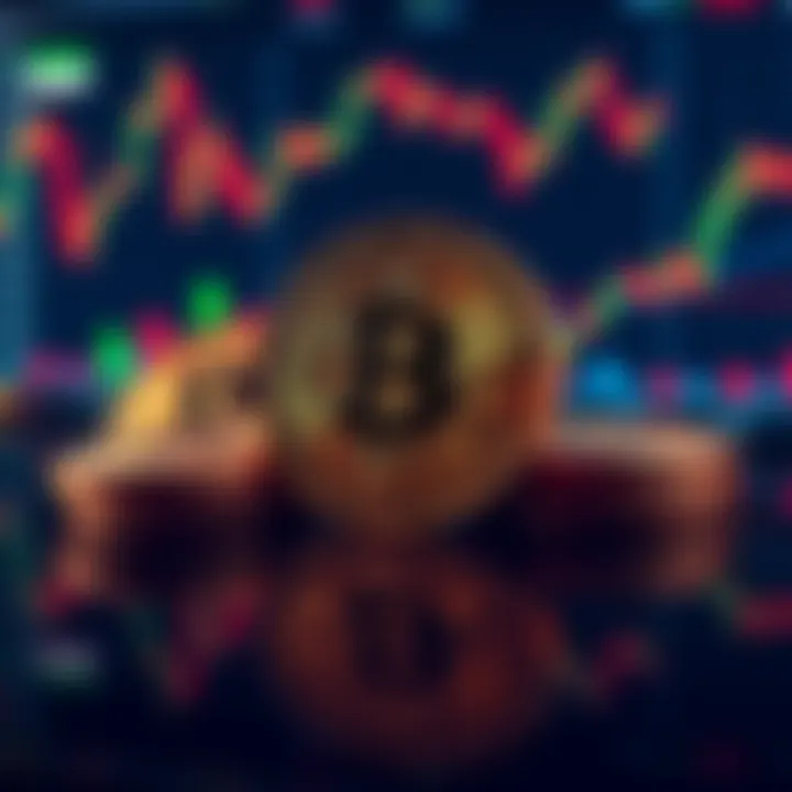 Illustration of Bitcoin coins with a backdrop of stock market charts reflecting a $444.5 million sale by BlackRock