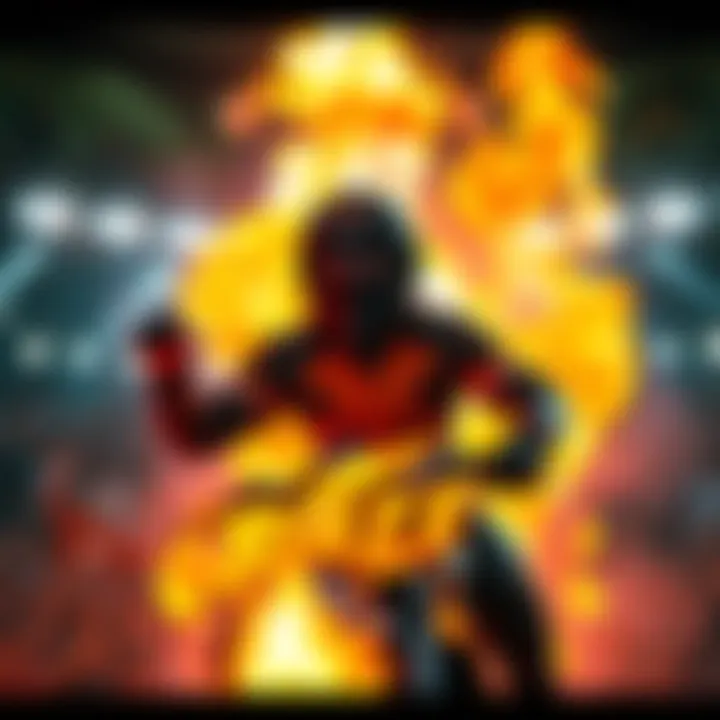 Blaze celebrating victory with fans, flames in the background