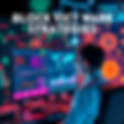 A person analyzing blockchain data on a computer, with graphics representing proof of work mechanisms in the background.