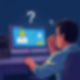 Illustration showing a confused person looking at a computer screen displaying new wallet IDs and locked accounts, symbolizing frustration with access issues on Blockchain.com