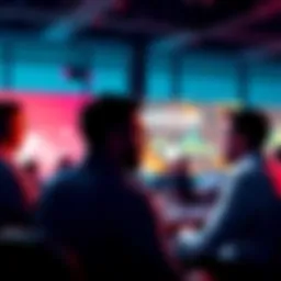 A group of experts sharing ideas about blockchain technology and artificial intelligence in a modern conference setting.