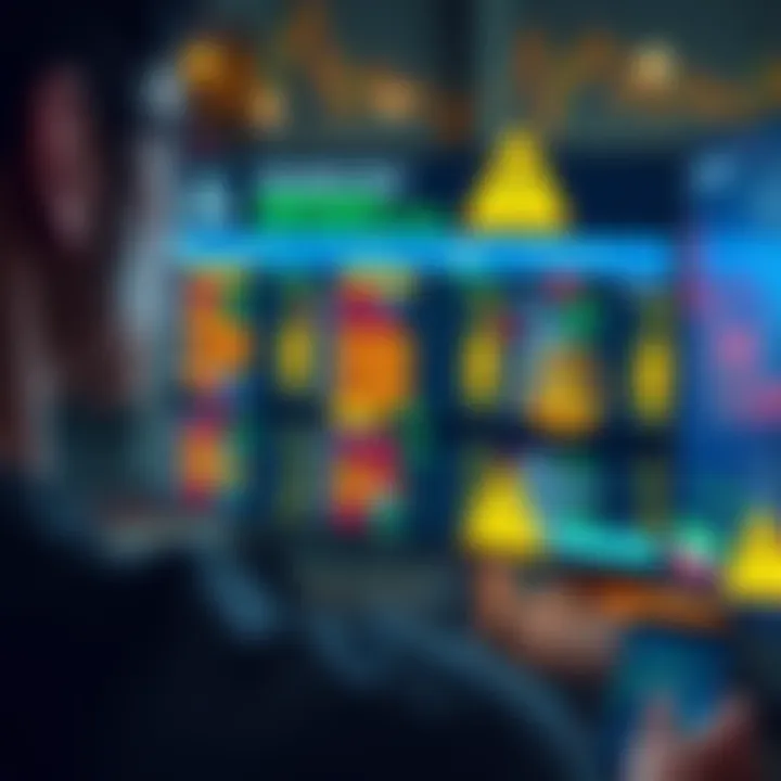 A person looking at a computer screen displaying blockchain transactions, with dollar signs and warning symbols.