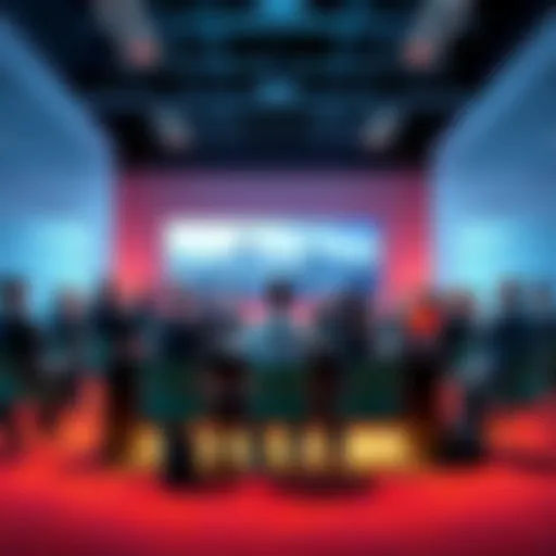 A group of industry leaders discussing blockchain technology applications in a conference setting.