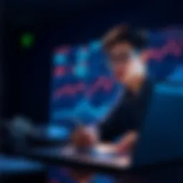 A young professional analyzing blockchain data on a laptop with charts and graphs in the background.
