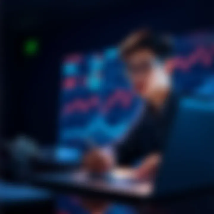 A young professional analyzing blockchain data on a laptop with charts and graphs in the background.