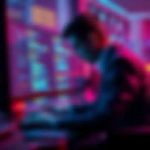 A consultant reviewing smart contract code on a computer screen, ensuring security and vulnerability checks for a DeFi protocol launch.