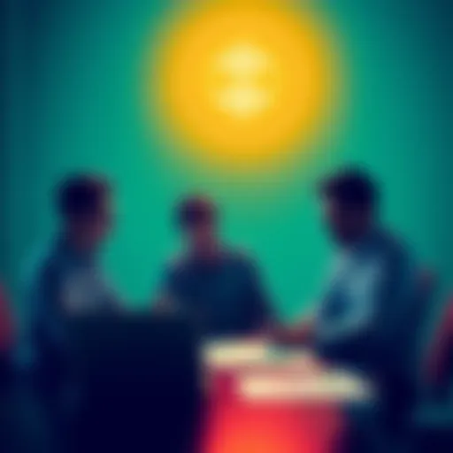 A team discussing blockchain strategies for launching a new utility token, with charts and a laptop on the table